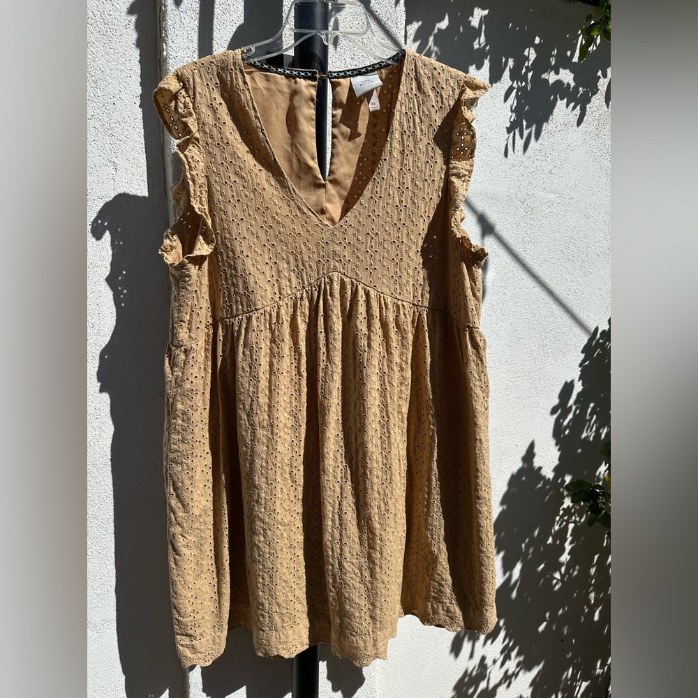 Knox Rose mustard-gold eyelet babydoll dress with ruffle cap sleeves and V-neck